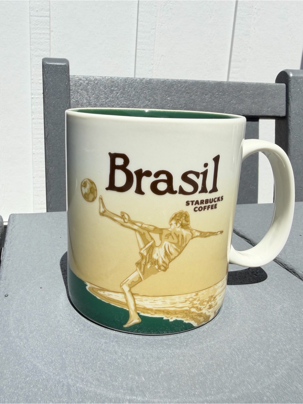 Starbucks Brasil Coffee Tea Mug 16 oz - Cream Exterior with Green Interior